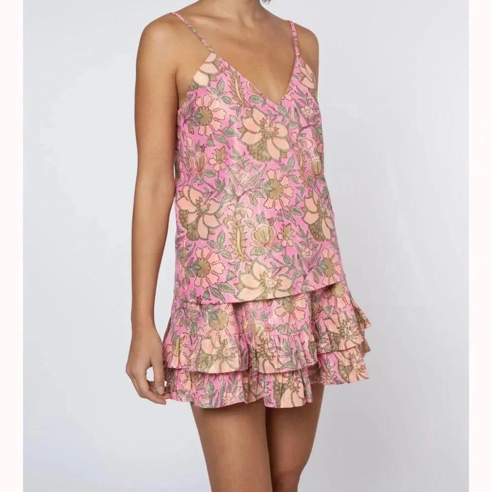 Juliet Dunn London Lame Floral Print Cami Top in Hot Pink